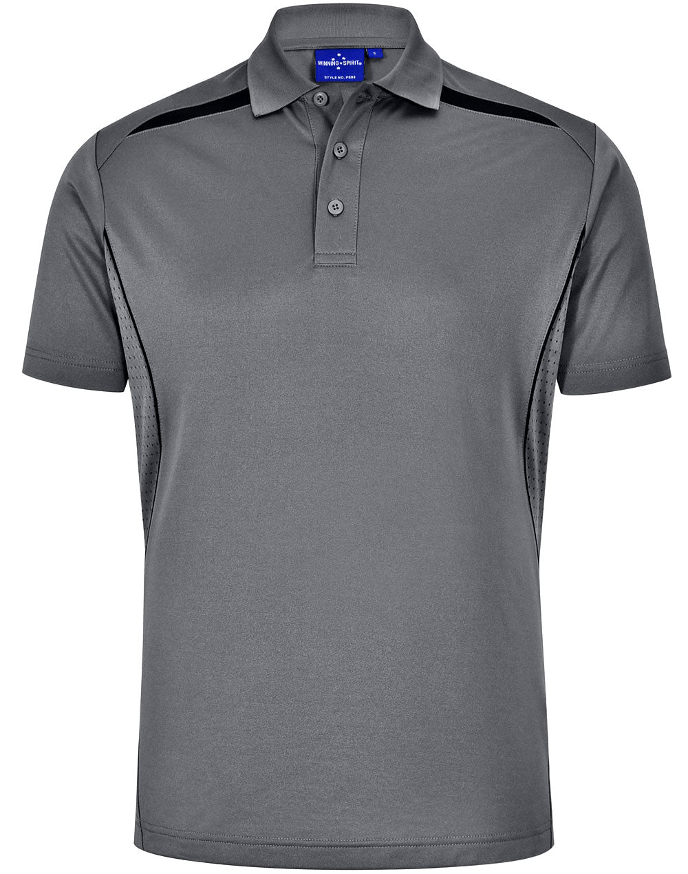 Gray sustainable contrast polo with black shoulder dart panels, mesh panels