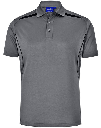 Gray sustainable contrast polo with black shoulder dart panels, mesh panels