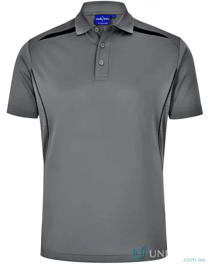 Gray short-sleeved sustainable contrast polo shirt with shoulder dart panels for outdoor work