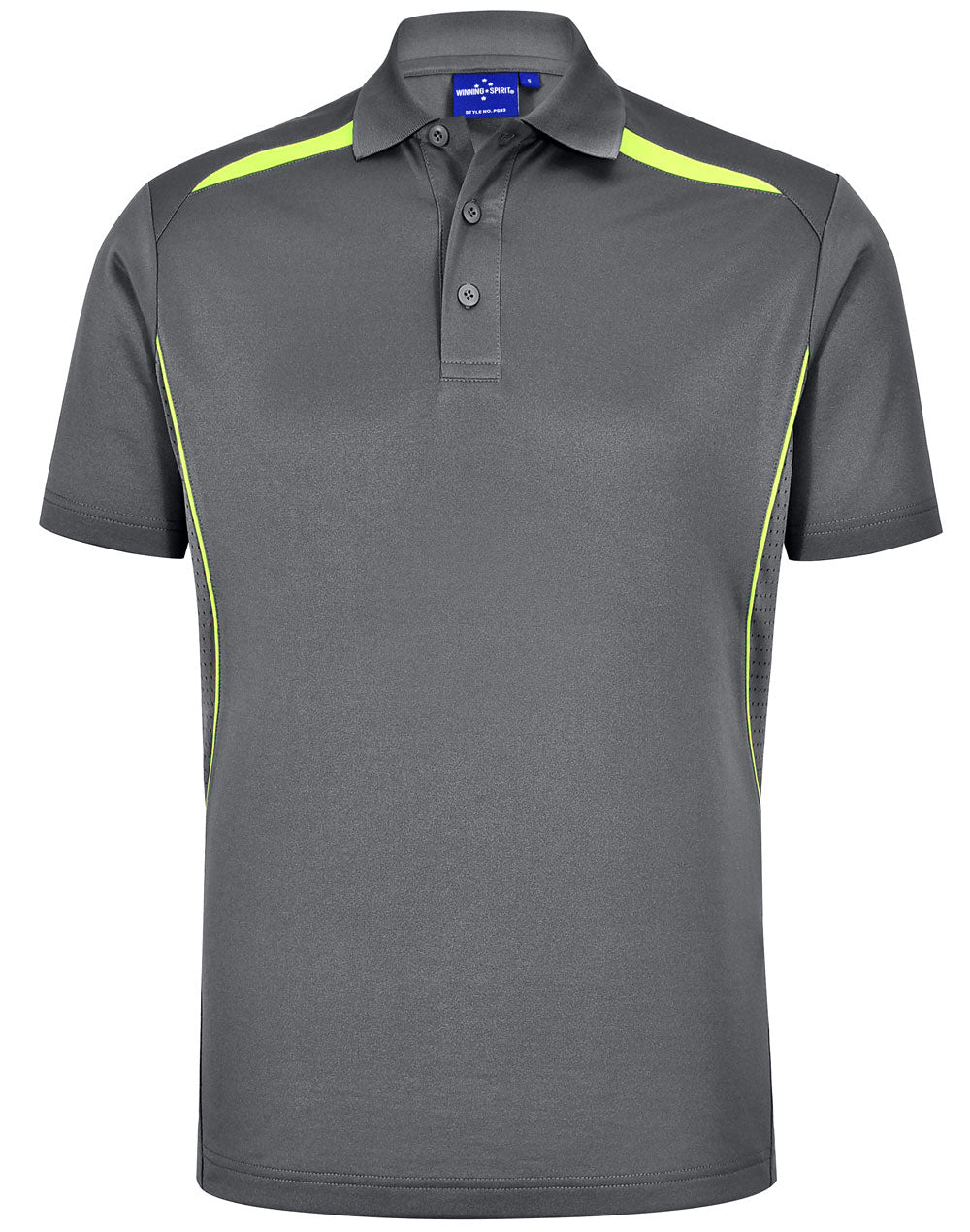 Sustainable contrast polo with neon yellow shoulder dart panels