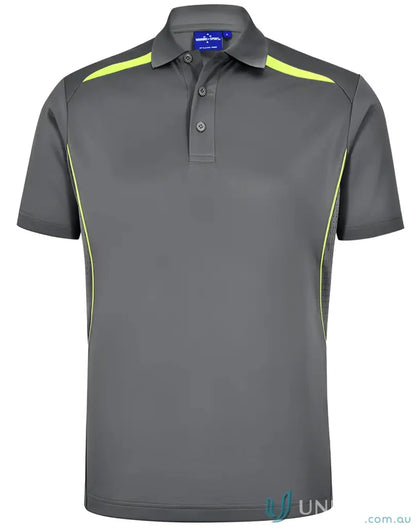 Gray sustainable contrast polo with yellow accents and shoulder dart panels for outdoor work