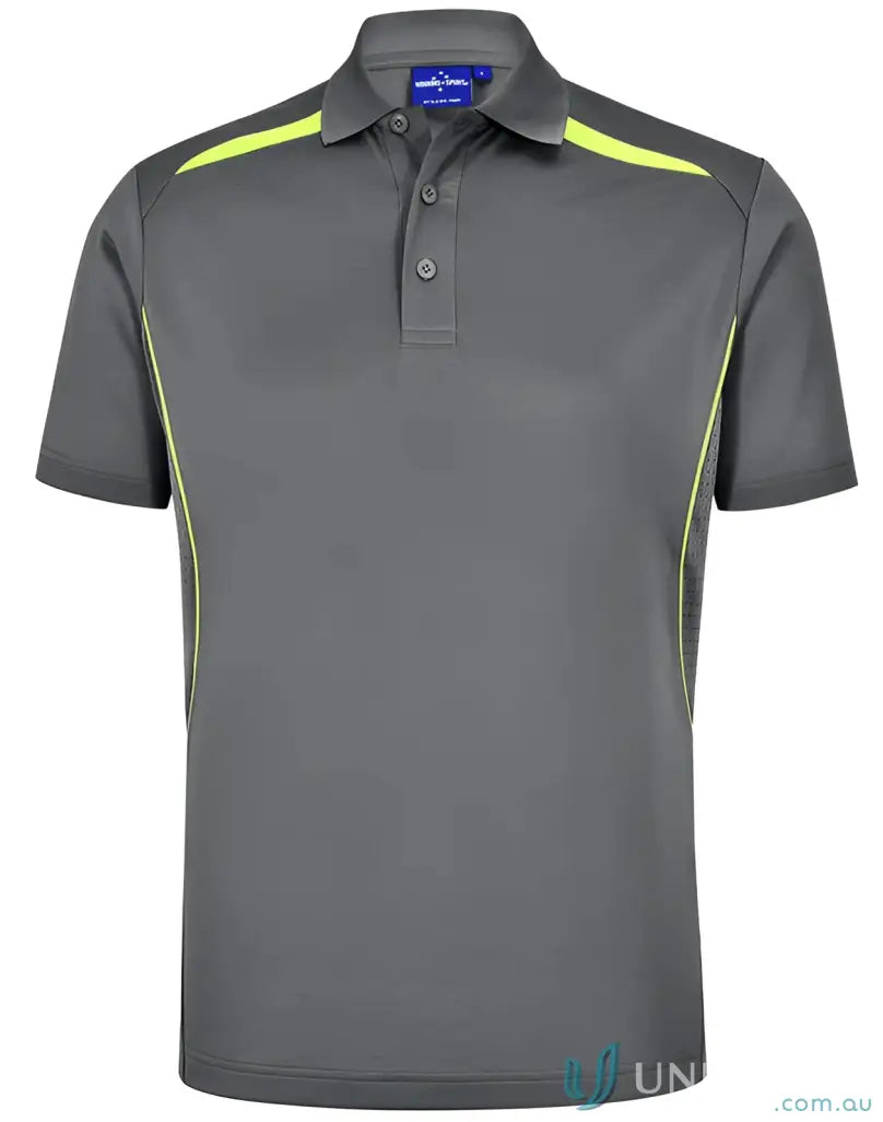 Gray sustainable contrast polo with yellow accents and shoulder dart panels for outdoor work