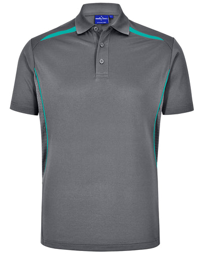 Gray sustainable contrast polo with teal stripes, mesh panels