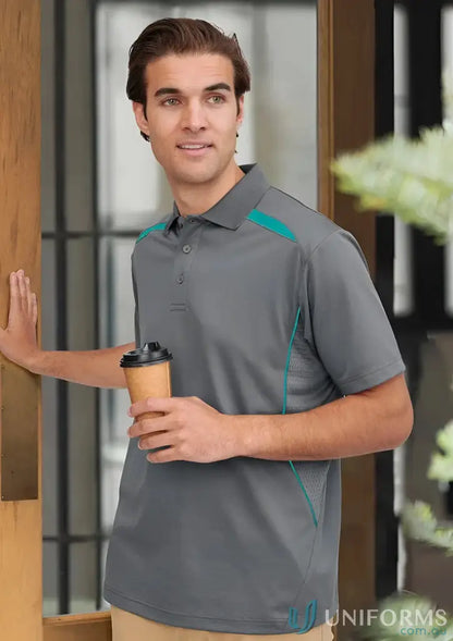Gray sustainable contrast polo with teal accents and shoulder dart panels for outdoor work