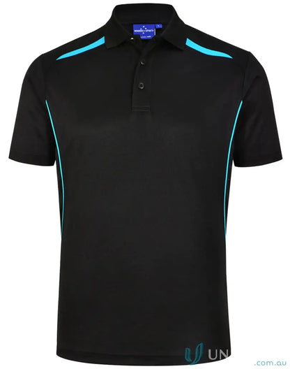 Black sustainable contrast polo with turquoise accents, shoulder dart panels, and mesh panels