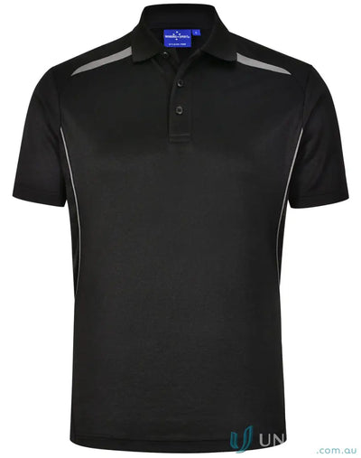 Black sustainable contrast polo with shoulder dart panels and silver accents