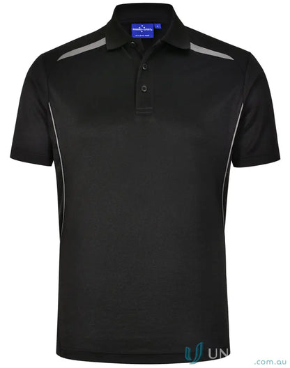 Black sustainable contrast polo with shoulder dart panels and silver accents
