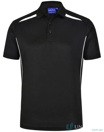 Black sustainable contrast polo with white accents and stylish shoulder dart panels