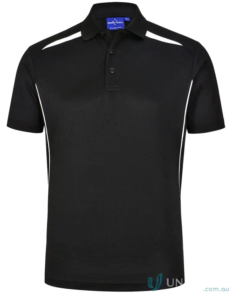 Black sustainable contrast polo with white accents and stylish shoulder dart panels