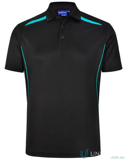 Black sustainable contrast polo with teal accents, shoulder dart panels, and mesh panels