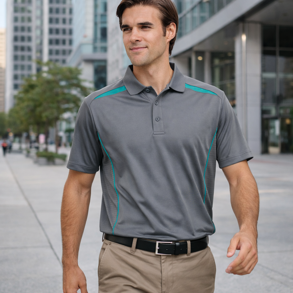 Gray sustainable contrast polo with teal shoulder dart panels