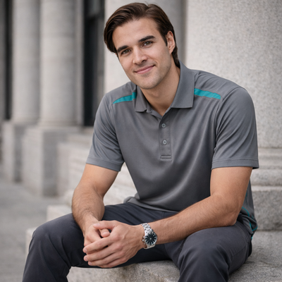 Sustainable contrast polo with gray fabric and teal shoulder dart panels