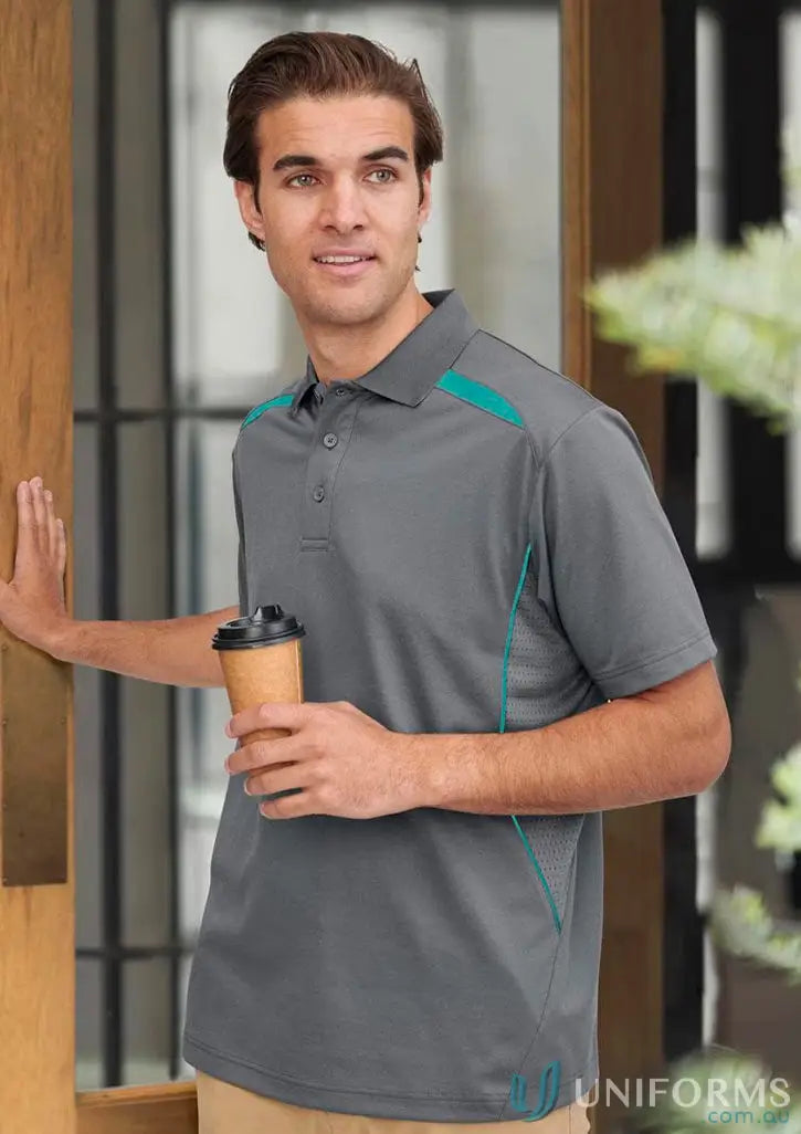 Gray sustainable contrast polo with teal accents and stylish shoulder dart panels