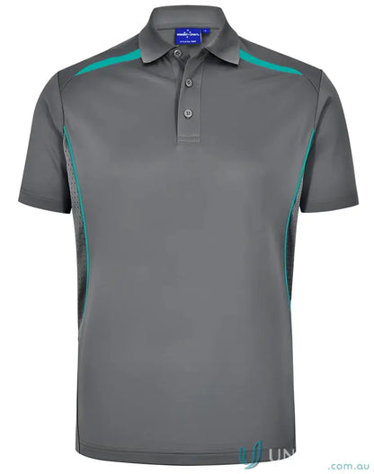 Gray sustainable contrast polo with teal accents and shoulder dart panels for outdoor work