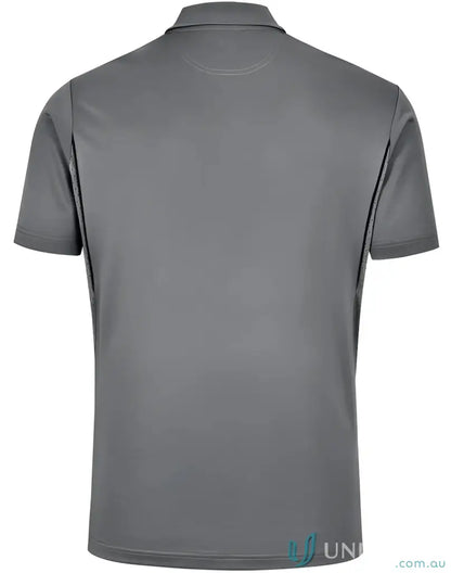 Gray short-sleeved sustainable contrast polo with shoulder dart panels for outdoor work