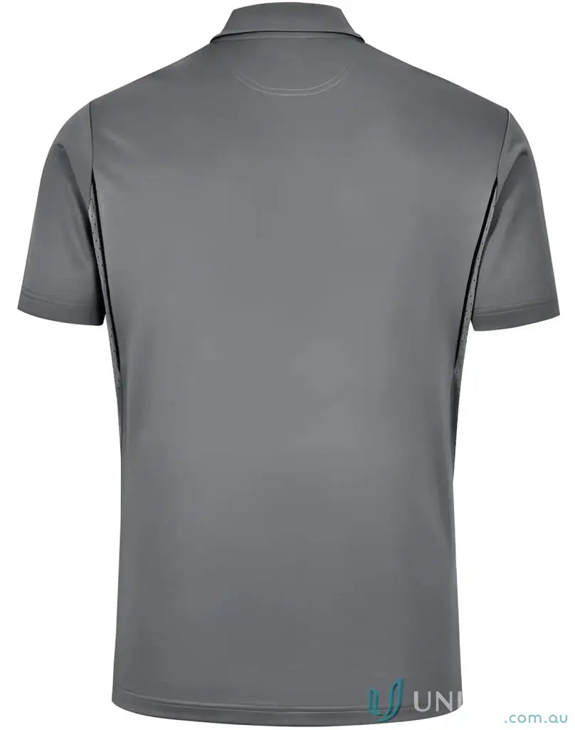 Gray short-sleeved sustainable contrast polo with shoulder dart panels for outdoor work