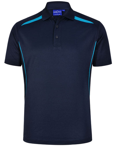Sustainable contrast polo in navy blue with teal shoulder dart panels