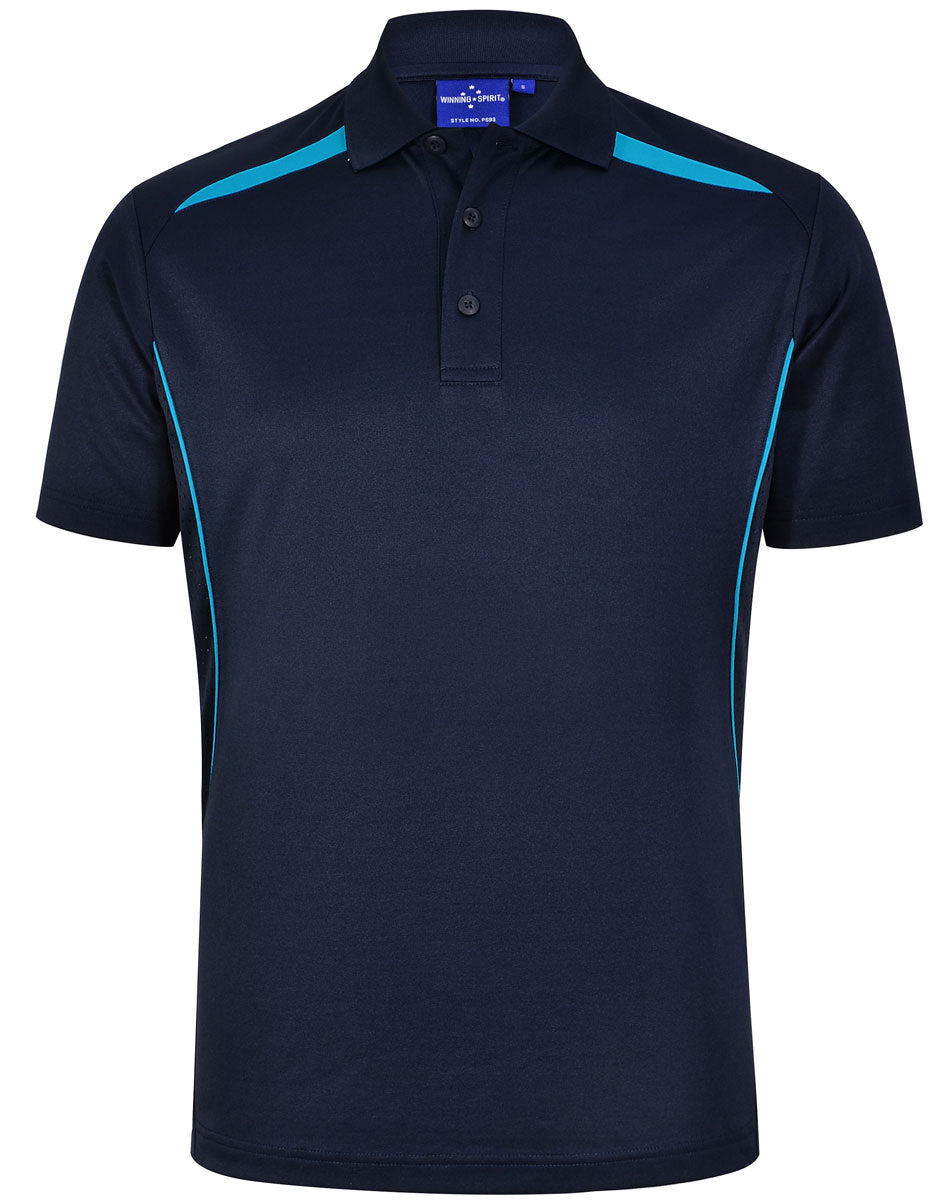 Sustainable contrast polo in navy blue with teal shoulder dart panels
