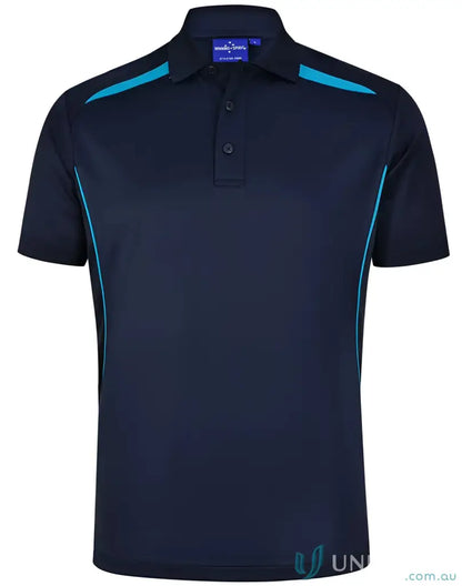 Navy blue Sustainable Contrast Polo with turquoise accents and shoulder dart panels for outdoor work