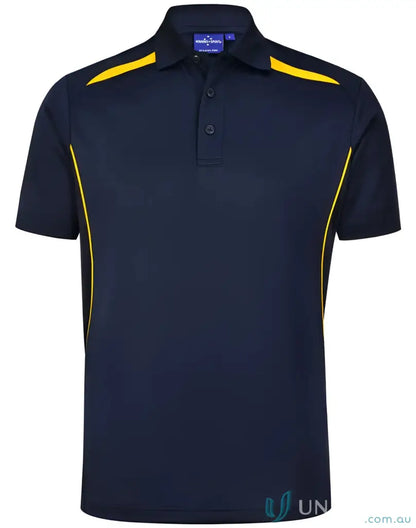 Navy blue sustainable contrast polo shirt with yellow accents and shoulder dart panels for outdoor work