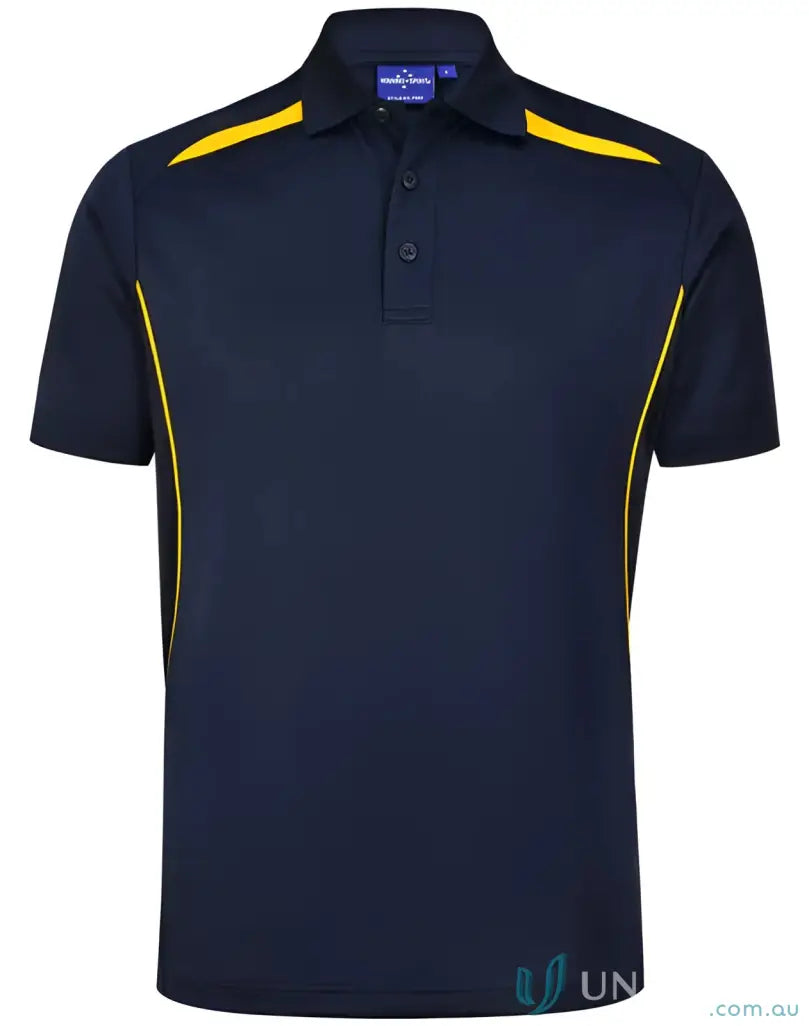 Navy blue sustainable contrast polo shirt with yellow accents and shoulder dart panels for outdoor work