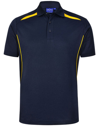 Sustainable contrast polo in navy blue with yellow accents and mesh panels