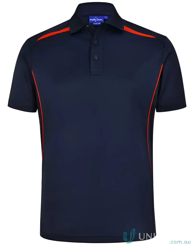 Navy sustainable contrast polo with red trim and shoulder dart panels for outdoor work