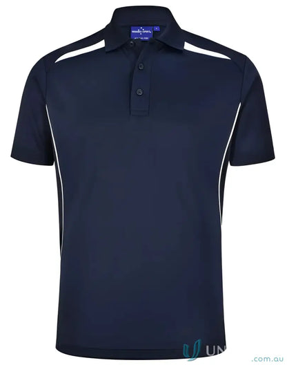 Navy sustainable contrast polo with white accents and shoulder dart panels for work