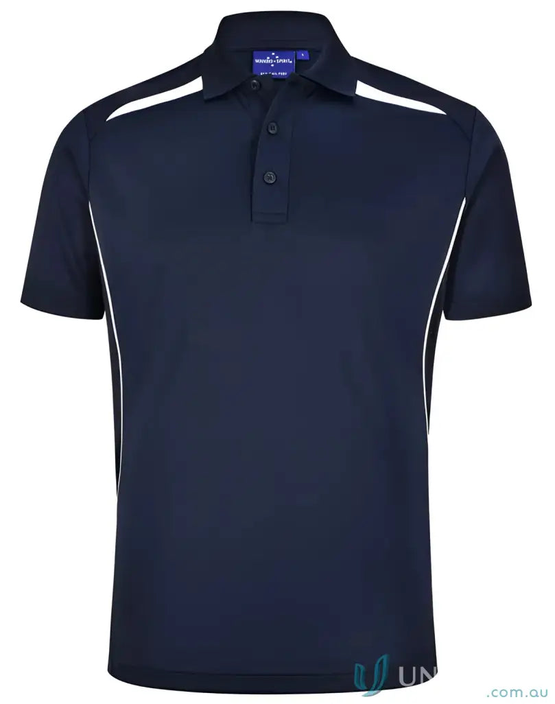 Navy sustainable contrast polo with white accents and shoulder dart panels for work