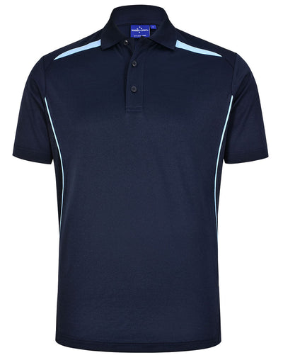 Sustainable contrast polo in dark navy with light blue shoulder stitching