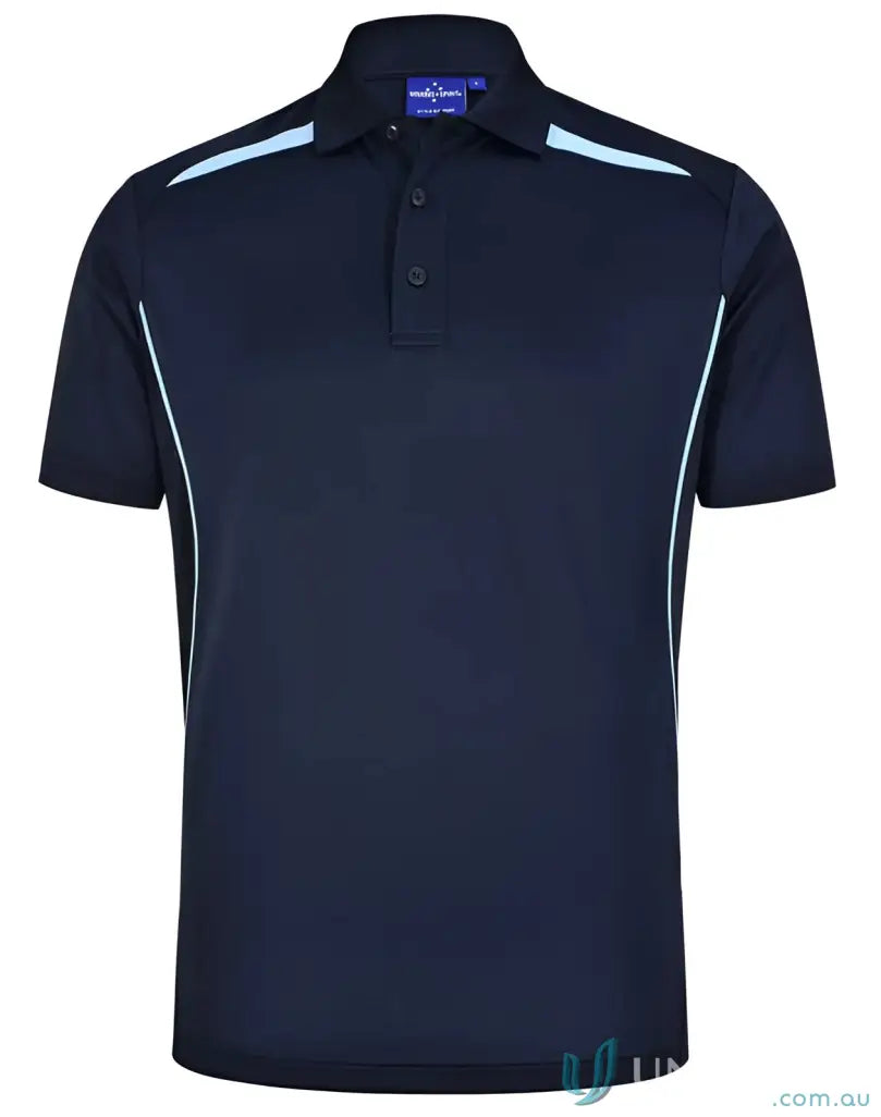 Navy blue Sustainable Contrast Polo with light blue accents and shoulder dart panels