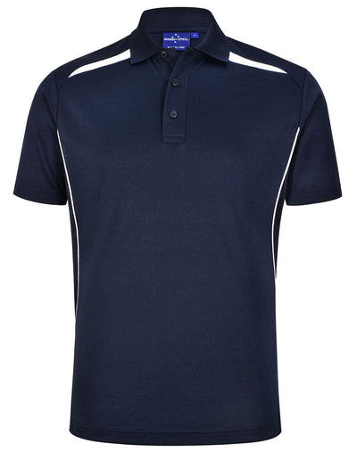Sustainable contrast polo in navy blue with white shoulder dart panels