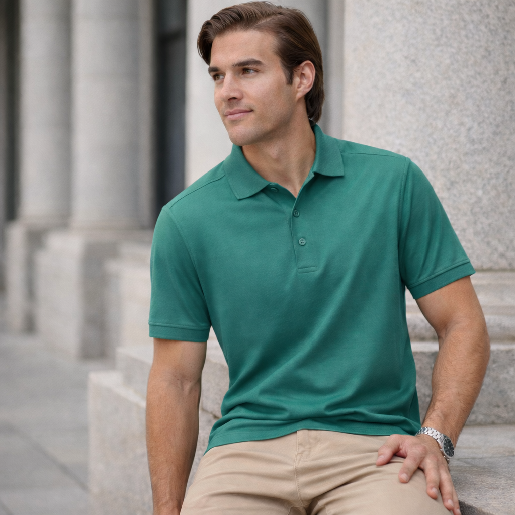 Man in sustainable corporate polo blocks harmful UV rays