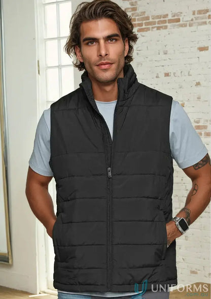 Black men’s sustainable insulated puffer vest made from recycled PET bottles with zip front