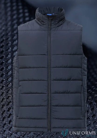 Dark blue sustainable insulated puffer vest made from recycled PET bottles with high collar