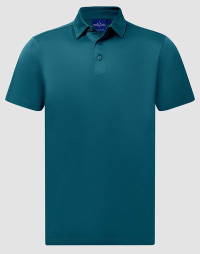 Sustainable jacquard knit polo in teal with textured fabric