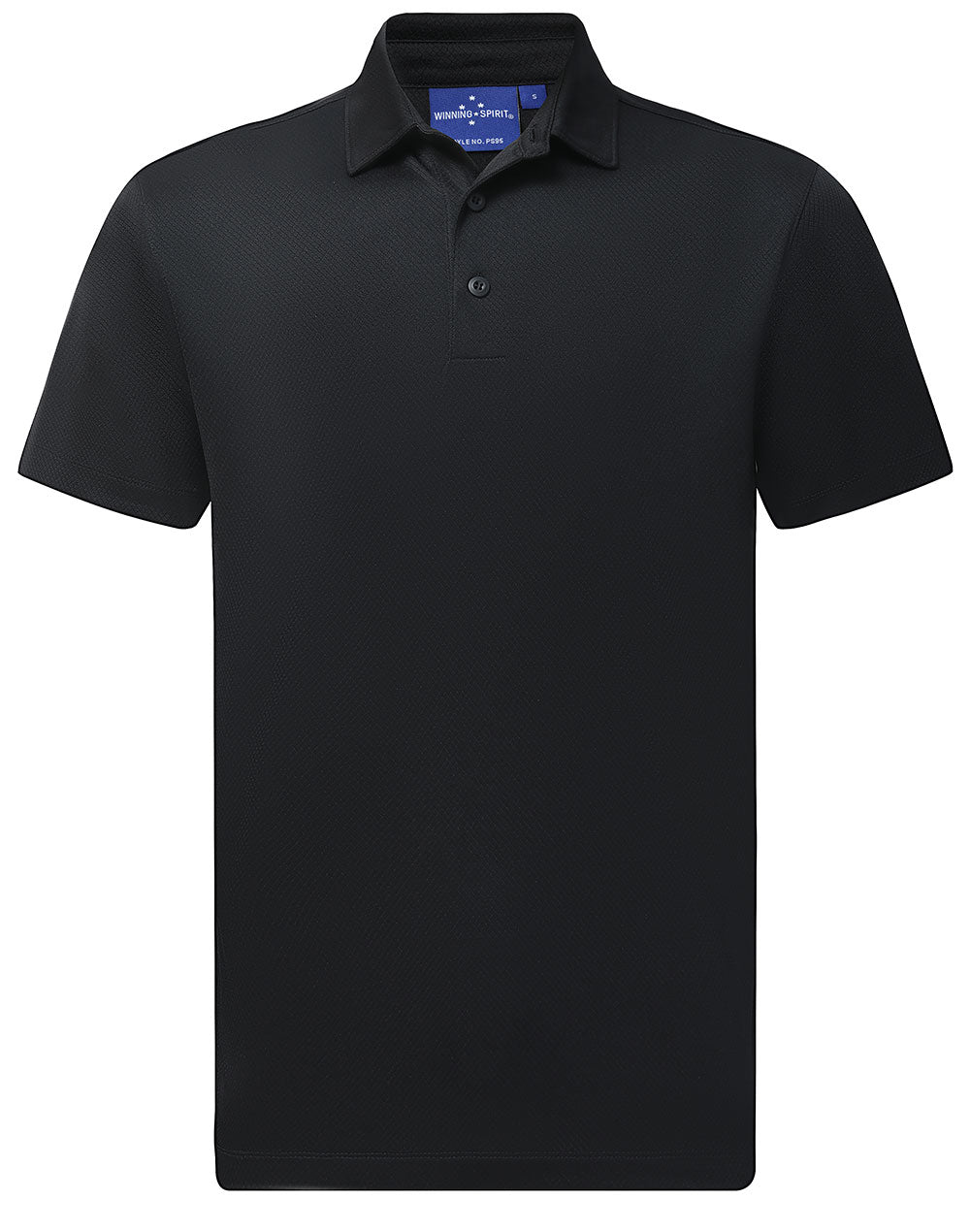 Sustainable jacquard knit polo in black with textured fabric and two-button placket