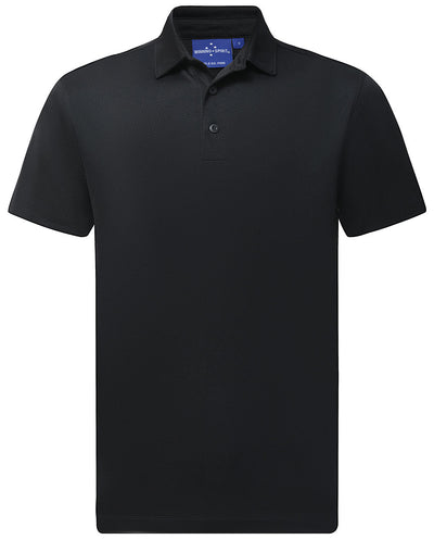 Sustainable jacquard knit polo in black with textured fabric and two-button placket
