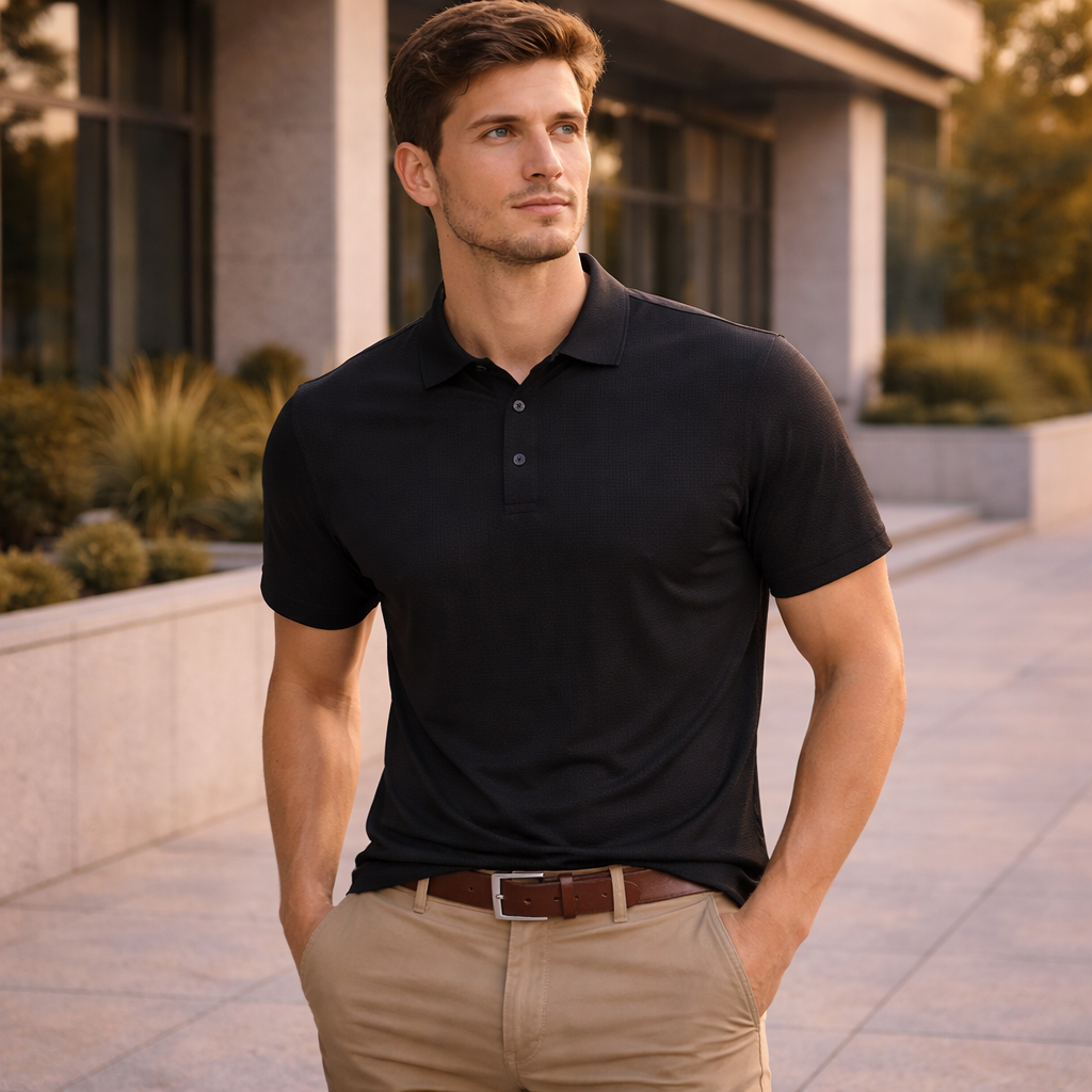 Sustainable jacquard knit polo: black short-sleeve with classic collar
