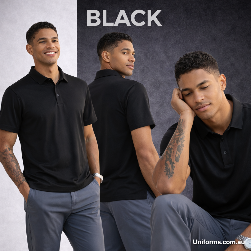 Sustainable jacquard knit polo shirt in black for corporate teams