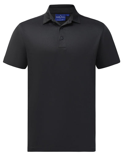 Sustainable jacquard knit polo in black with navy PS95 tag