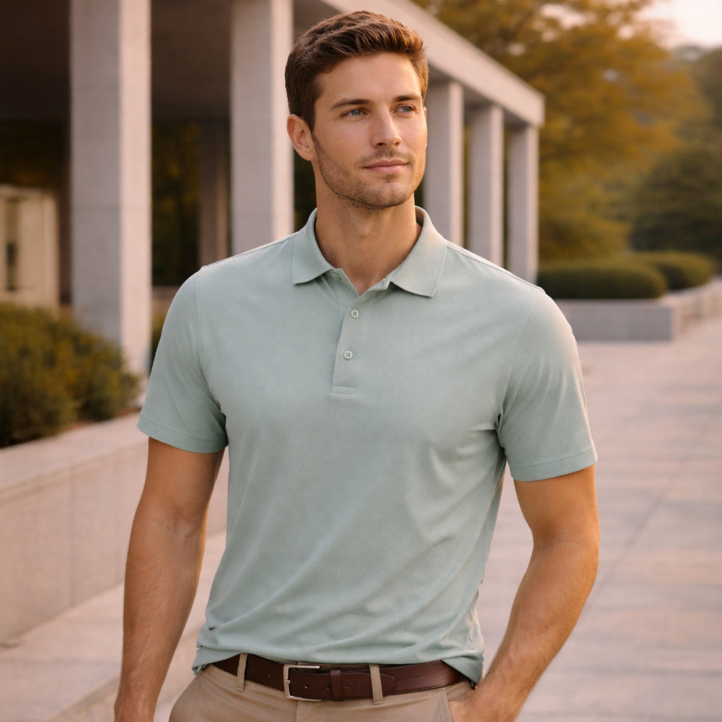 Man in sustainable jacquard knit polo for corporate teams