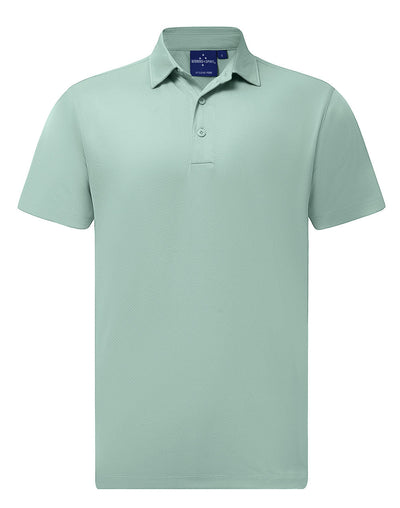 Light mint green sustainable jacquard knit polo with textured weave collar