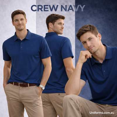 Sustainable jacquard knit navy polo for corporate teams