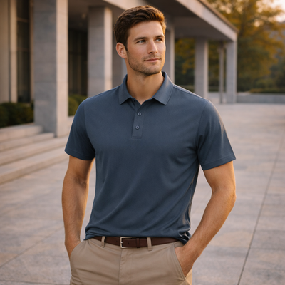 Sustainable jacquard knit polo in navy blue for corporate teams