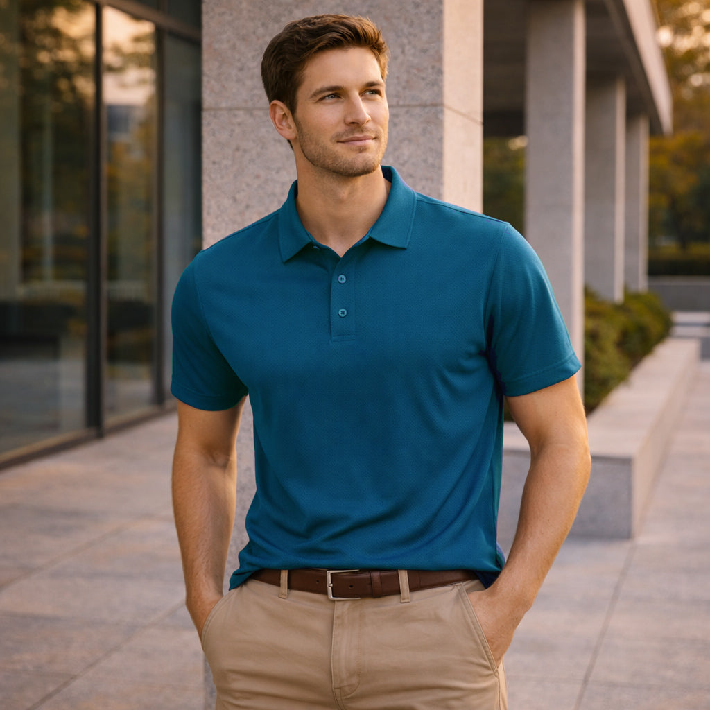 Teal sustainable jacquard knit polo for corporate teams