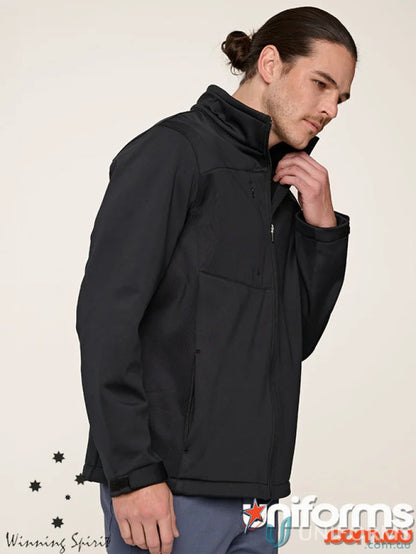 Black sustainable softshell jacket with zip closure, perfect for eco-friendly corporate styles