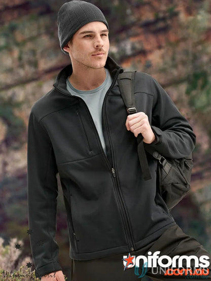 Black sustainable softshell jacket with zip closure and beanie, eco-friendly certified recycled style