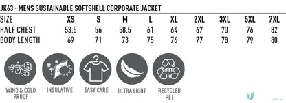 Men’s softshell jacket size chart and features of the Sustainable Softshell Jacket with zip closure softshell and certified recycled fabric