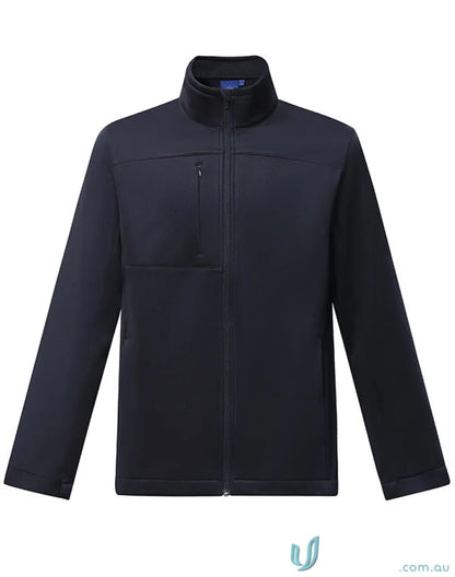 Navy blue sustainable softshell jacket with zip closure, perfect for corporate style